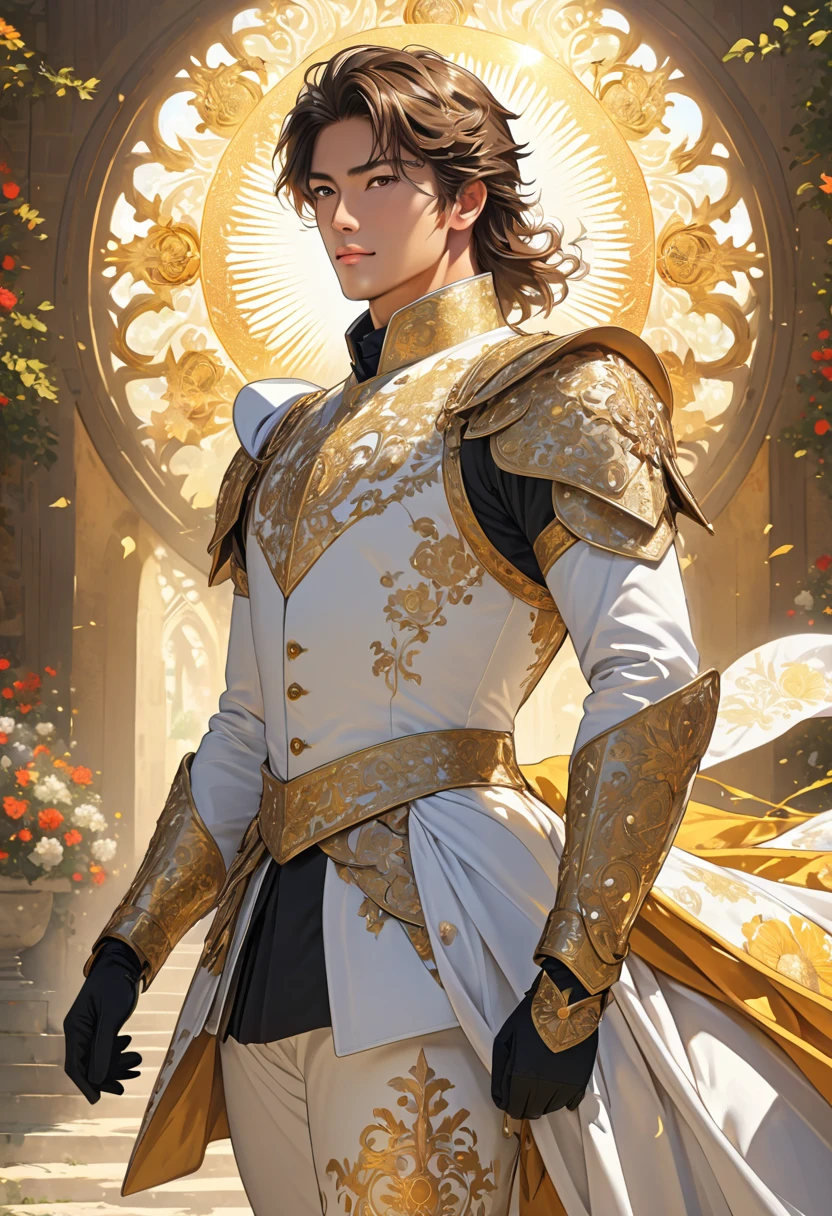 masterpiece, top quality, 1 man, mowhack, light sun rider, artogant, fine eye detail, intricate detail, (style-pixiv:0,8), portrait, (spread of light :0,7 ), solo, full body shot, background detail, (rider hourse: 1.1) dynamic elegant pose, sun, brithis holy suit, medieval, light council in the background