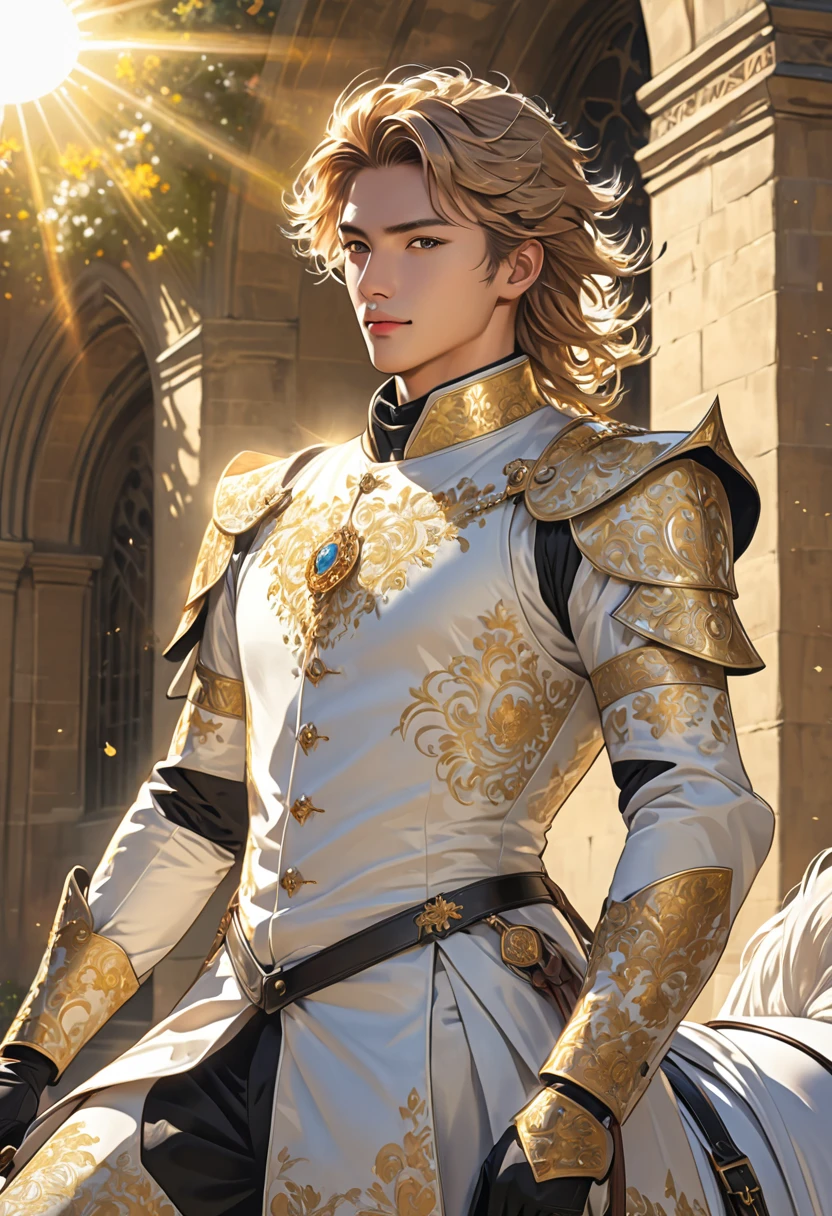 masterpiece, top quality, 1 man, mowhack, light sun rider, artogant, fine eye detail, intricate detail, (style-pixiv:0,8), portrait, (spread of light :0,7 ), solo, full body shot, background detail, (rider hourse: 1.1) dynamic elegant pose, sun, brithis holy suit, medieval, light council in the background