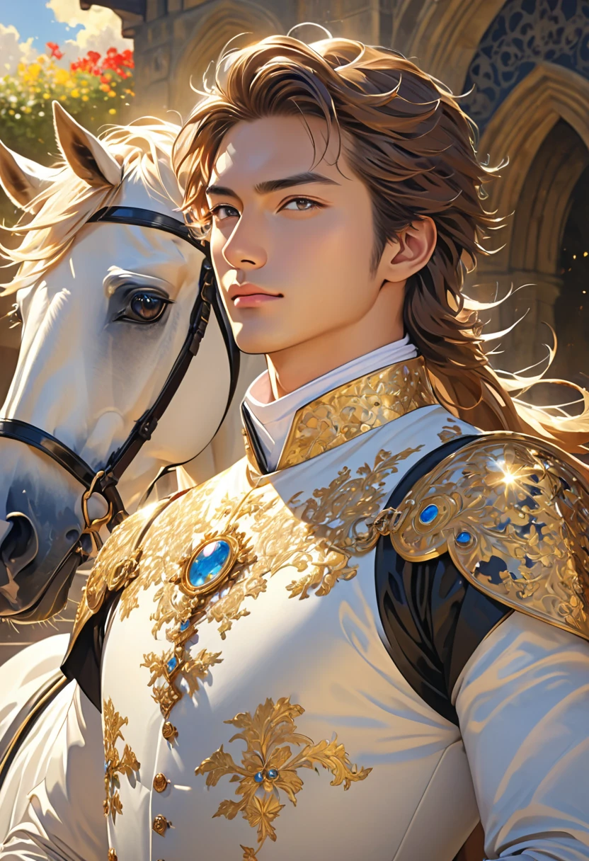 masterpiece, top quality, 1 man, mowhack, light sun rider, artogant, fine eye detail, intricate detail, (style-pixiv:0,8), portrait, (spread of light :0,7 ), solo, full body shot, background detail, (rider hourse: 1.1) dynamic elegant pose, sun, brithis holy suit, medieval, light council in the background