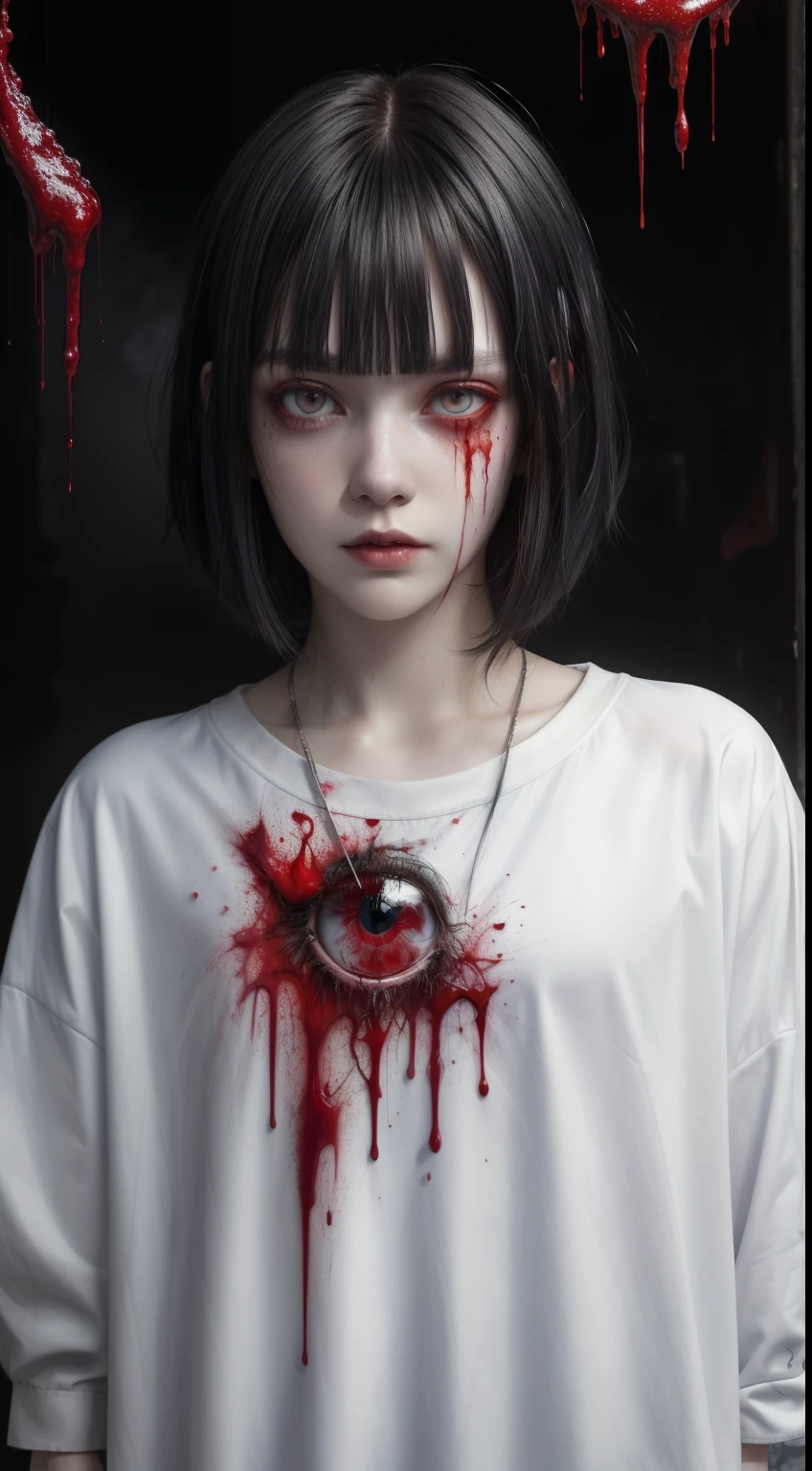 (masterpiece, best quality:1.2), cover image, splashed color background, highly detailed, colorful black, 1 girl, long silver hair, red eyes, short hair, blunt bangs, mannequin, cool face, ((( white clothes))), illustration, horror art, dread, creepy, blood, blood eyes, gore,
