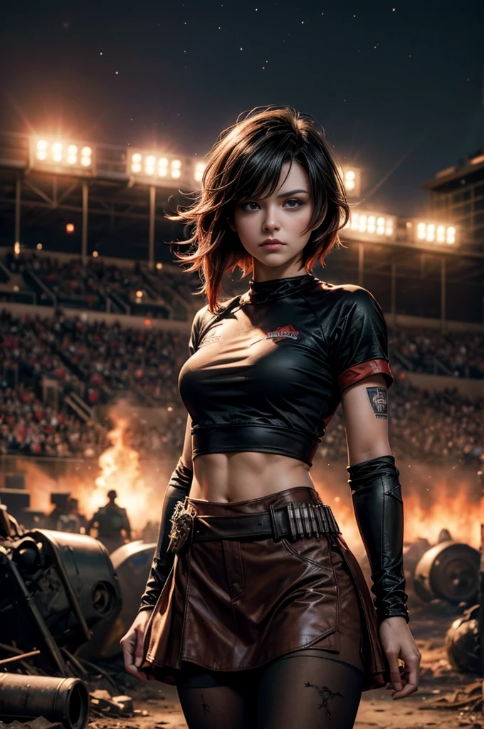 (masterpiece, best quality:1.2), cowboy shot, solo, dynamic pose, 1girl, ruby rose, looking at viewer,  t-shirt, red skirt, pantyhose, standing, outside deserted stadium, bonfires, river, crowd, (crowd in military uniforms), night, stars, closed mouth, serious look, serious expression, post-apocalypse, dystopian future