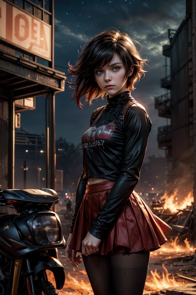 (masterpiece, best quality:1.2), cowboy shot, solo, dynamic pose, 1girl, ruby rose, looking at viewer,  t-shirt, red skirt, pantyhose, standing, outside deserted stadium, bonfires, river, crowd, (crowd in military uniforms), night, stars, closed mouth, serious look, serious expression, post-apocalypse, dystopian future