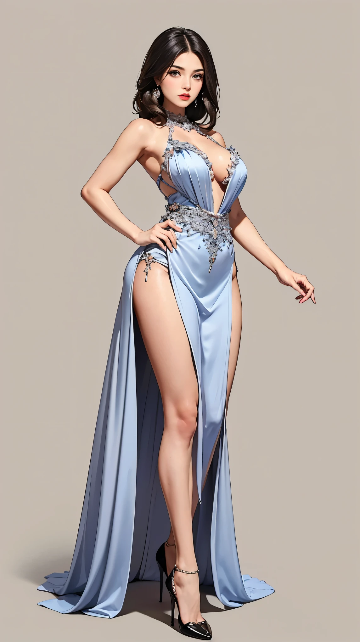 ((best quality,4k,highres,masterpiece:1.2)),((character concept art)), 1 female, Spanish, age 29, (((tan skin color, dark brunette hair))), and the body of a seductive flamenco dancer (busty, slim fit curvaceous body). She is ((wearing a sparkling silver flamenco-inspired dress with a fitted bodice, plunging neckline, cinched waist, and a voluminous skirt)). The dress is made from luxurious satin, embroidered with delicate lace, adorned with Swarovski crystals, and completed with a long, dramatic train. The back dips down to a low V, adding allure, and a high leg slit enhances the overall sensuality of the ensemble. She pairs the dress with Christian Louboutin high heels. Her gaze is intense and alluring, reflecting her captivating personality and intriguing background, (standing gracefully), (full body showcase), (show full body), (no logos on background), (no logo), ((plain background)), ((plain background)), (((empty background))).