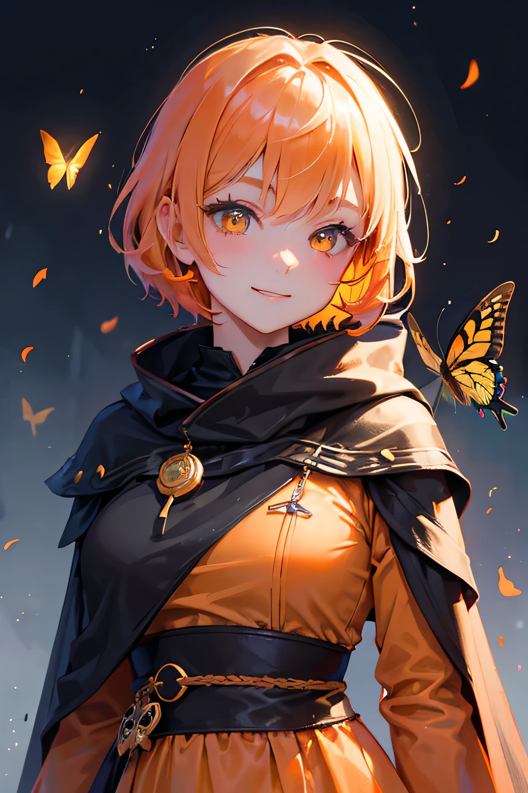 A beautiful adult woman wearing a cloak、Orange short hair and yellow eyes、Strong smile、Face close-up、A swallowtail butterfly lands on my shoulder