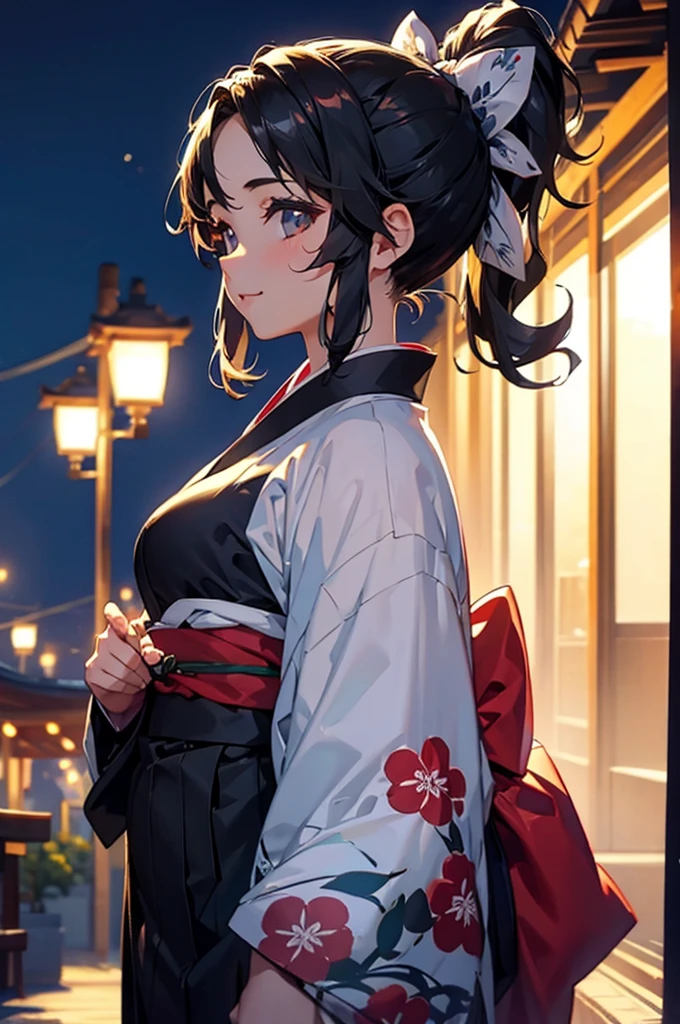 (((beautiful))), (((yukata, kimono))), ((Black Hair, ponytail, ribbon)), Small breasts, Sweat, (((Intricate details))), High resolution, ((Intricate details, Ultra-detailed)), whole body, Are standing, looking at the camera, Red cheeks, smile, night, shrine, Festivals,