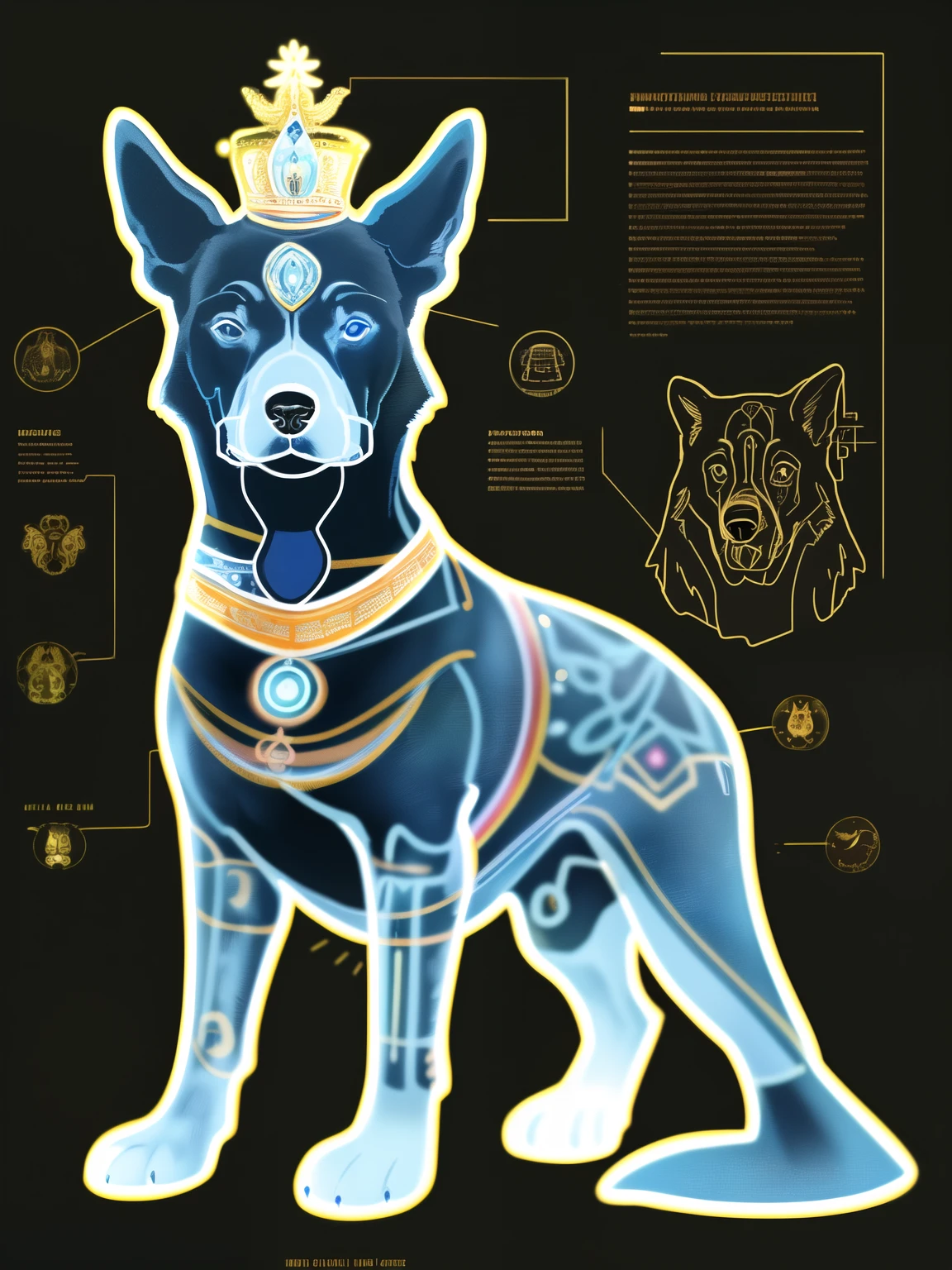 master piece, high quality, a bioluminescent blue totem of a royal Dog, black background, J_diagram, master piece, high quality, clean background