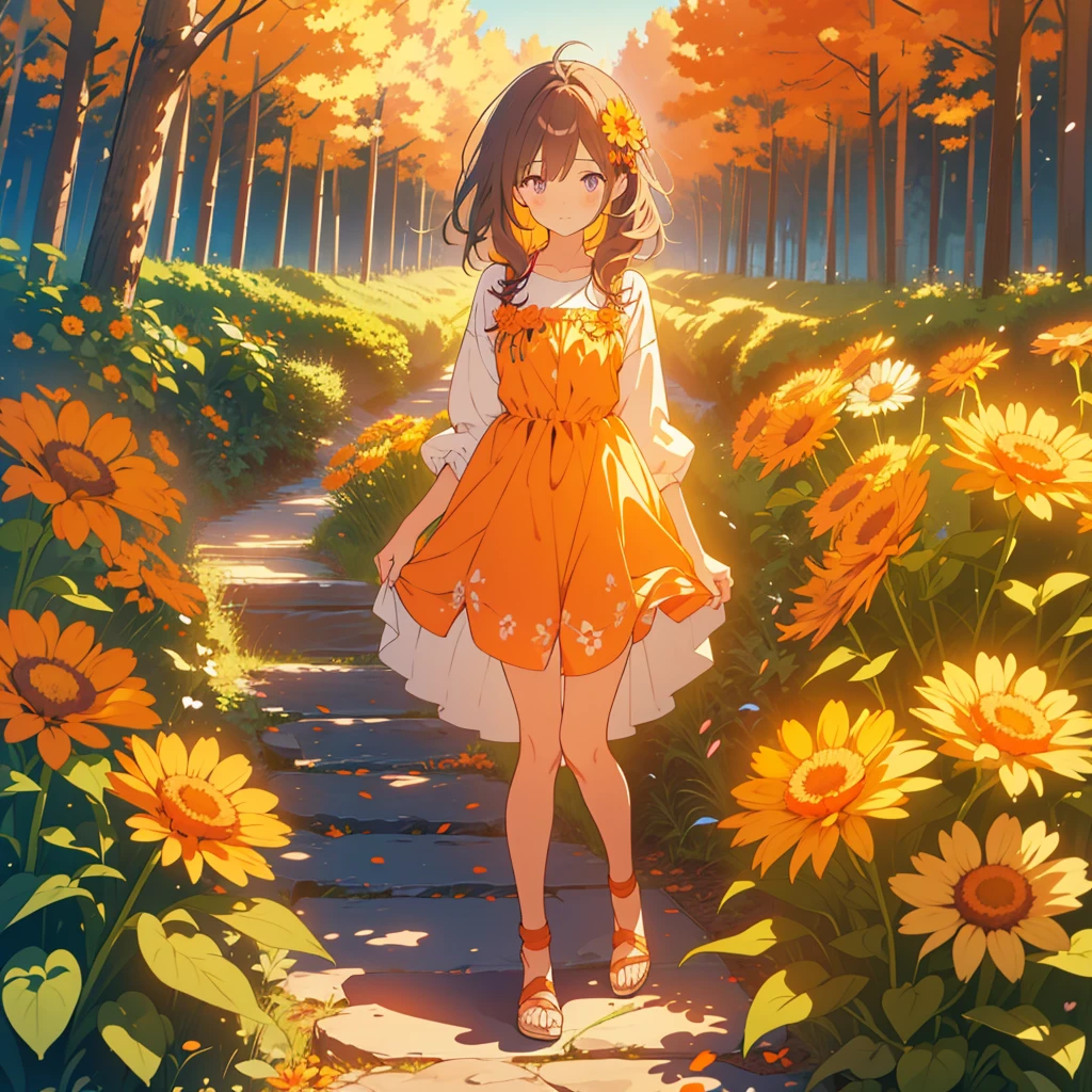 kawaii, anime, Cute, hyper quality, highly detailed, 8k, Clarity, Draw facial expressions in detail, Girl with long dark brown hair and green eyes, Woman with long light pink hair and purple eyes looking back, A small, short, dark orange calendula spreads out at my feet., A hill with small, short, dark orange calendula growing in clusters at its feet., Inciting point of view, Deep orange calendula petals are dancing, back to back, look down with a sad expression, There are two people, whole body, Draw two girls as characters, small calendula at my feet, small Calendula officinalis at my feet, dress, farewell, Loneliness, sadness of parting, Sad, broken heart, A flower garden spreads out at your feet,