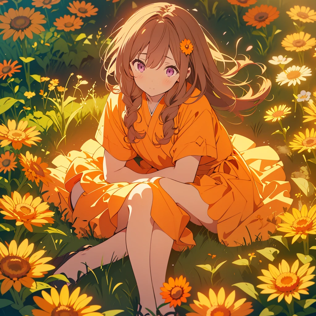 kawaii, anime, Cute, hyper quality, highly detailed, 8k, Clarity, Draw facial expressions in detail, Girl with long dark brown hair and green eyes, Woman with long light pink hair and purple eyes looking back, A small, short, dark orange calendula spreads out at my feet., A hill with small, short, dark orange calendula growing in clusters at its feet., Inciting point of view, Deep orange calendula petals are dancing, back to back, look down with a sad expression, There are two people, whole body, Draw two girls as characters, small calendula at my feet, small Calendula officinalis at my feet, dress, farewell, Loneliness, sadness of parting, Sad, broken heart, A flower garden spreads out at your feet, 