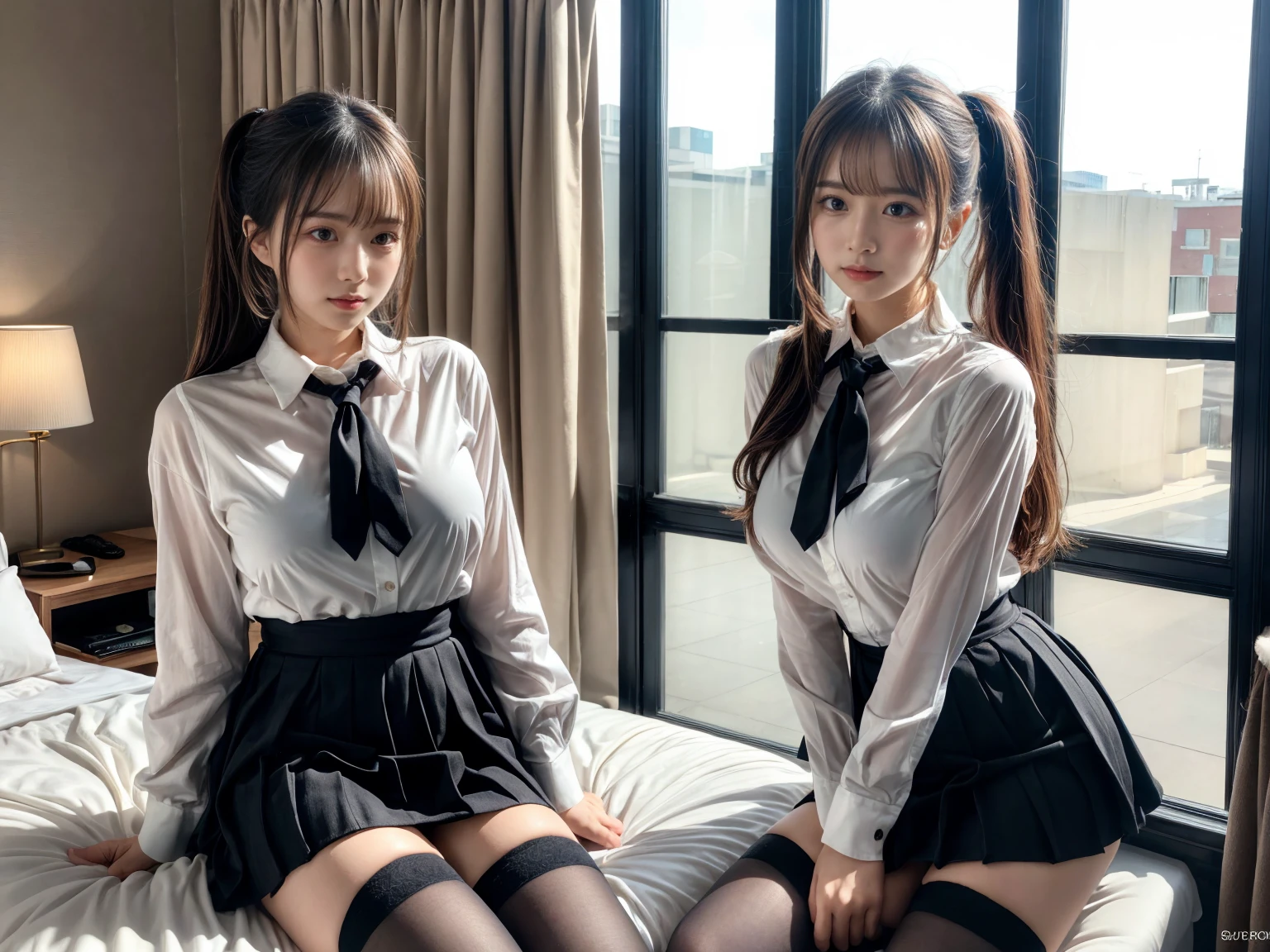 (8K, RAW Photos, Highest quality, masterpiece:1.2), (professional photography, full colors, studio-caliber color grading), (Gravure quality for high-end fashion magazines), (2 girls), BREAK,18 year old girl, (fluffy ponytail:1.2), Big Natural Color Lip, Plumpy body, (smooth skin:1.1), huge breasts, BREAK, (collared shirt:1.1), pleated skirt, knee high socks, BREAK, hotel room, cute , ta