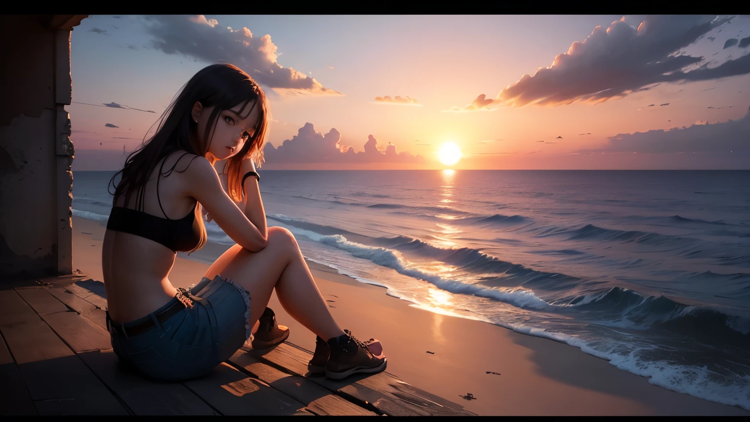 Ocean sunset landscape A 22-year-old girl sitting on the ocean ruins，under the sun