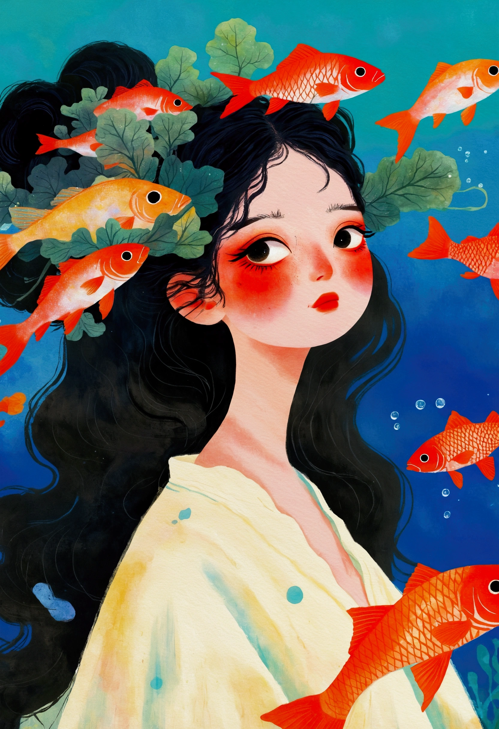 Painting of a woman with fish in her hair、Jin Nong's Surrealism、Black Hair、Japanese、Pop Surrealism、Color illustrations、Beautiful artistic illustrations、Colorful illustration、Pop Surrealismアートスタイル、Digital illustration style、Fantasy Illustration、Illustration art、Magical Surrealism、デジタルFantasy Illustration、Pop Surrealismローブローアートスタイル