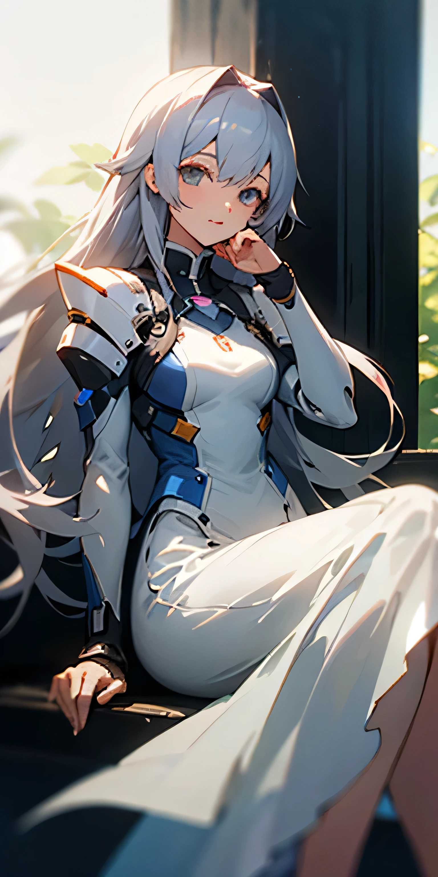 (masterpiece, highest quality),One girl with long grey hair sitting on the edge of a building, Phantasy Star Online 2 New Genesis, She placed her hand under her chin, Warm lighting, White Dress, Blurred foreground