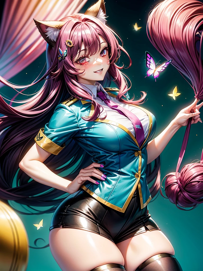 Magenta hair, brown eyes, older woman, long thick hair, pretty hair ornaments, smile face, happy, cat ears, sexy uniform outfit, color background, butterflies, teal and yellow