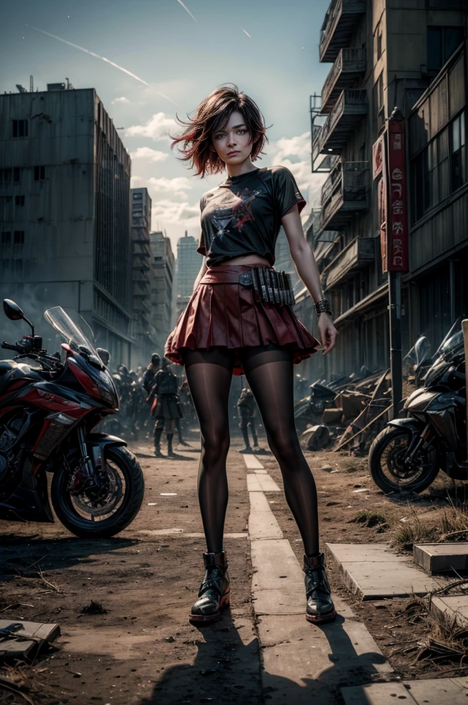 (masterpiece, best quality:1.2), cowboy shot, solo, dynamic pose, 1girl, ruby rose, looking at viewer,  t-shirt, red skirt, pantyhose, standing, outside deserted stadium, bonfires, river, crowd, (crowd in military uniforms), night, stars, closed mouth, serious look, serious expression, post-apocalypse, dystopian future