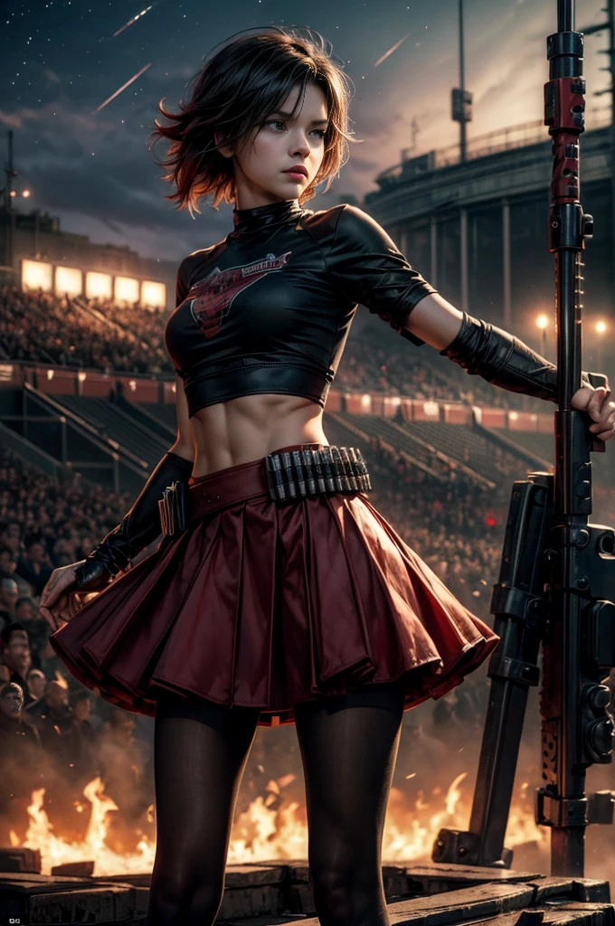 (masterpiece, best quality:1.2), cowboy shot, solo, dynamic pose, 1girl, ruby rose, looking at viewer, t-shirt, red skirt, pantyhose, standing, outside deserted stadium, bonfires, river, crowd, (crowd in military uniforms), night, stars, closed mouth, serious look, serious expression, post-apocalypse, dystopian future