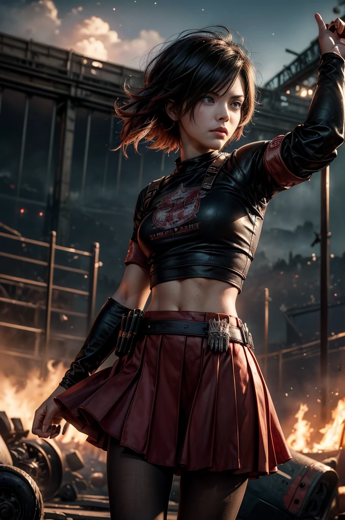 (masterpiece, best quality:1.2), cowboy shot, solo, dynamic pose, 1girl, ruby rose, looking at viewer, t-shirt, red skirt, pantyhose, standing, outside deserted stadium, bonfires, river, crowd, (crowd in military uniforms), night, stars, closed mouth, serious look, serious expression, post-apocalypse, dystopian future