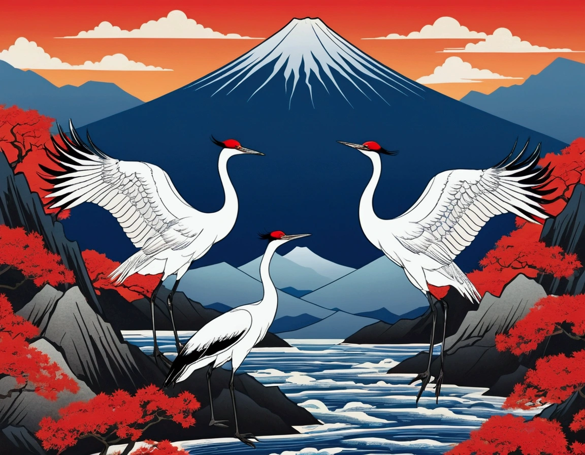 There are two cranes flying over the mountains with the sky as a background, Vector art by Ikuo Hirayama, Shutterstock, Ukiyo-e, In the Ukiyo-e art style, Japanese art style, traditional japanese art, japanese woodblock print style, Traditional Japanese painting, Japanese illustration, A red-crowned crane bird in the center, mount fuji background
