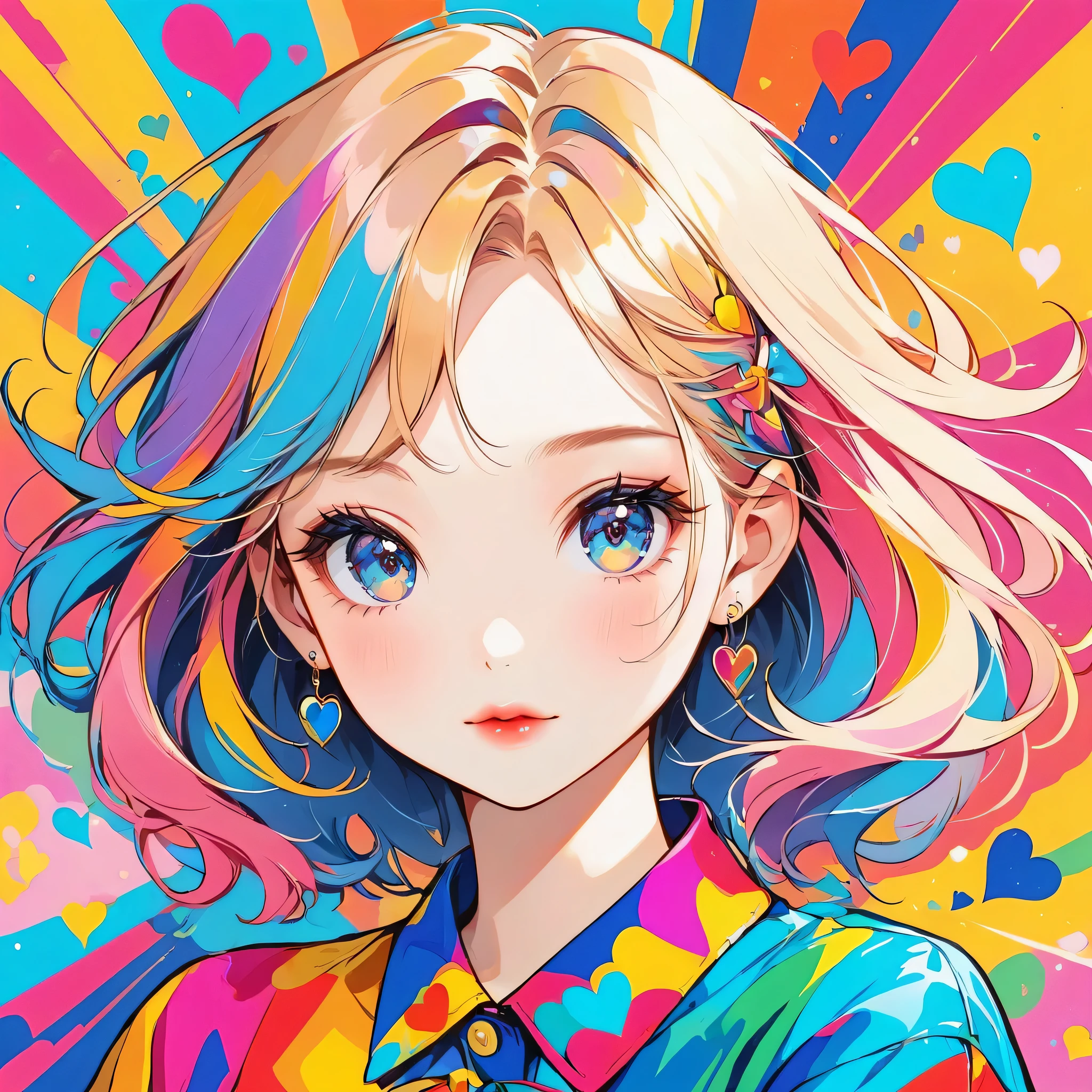 Mika Pikazo colorful style, Simple Line Initialism，Abstract art，Urban Background, (((The most beautiful girl of all time))), Sweet face. Lips in love, colorful hearts, stylish design