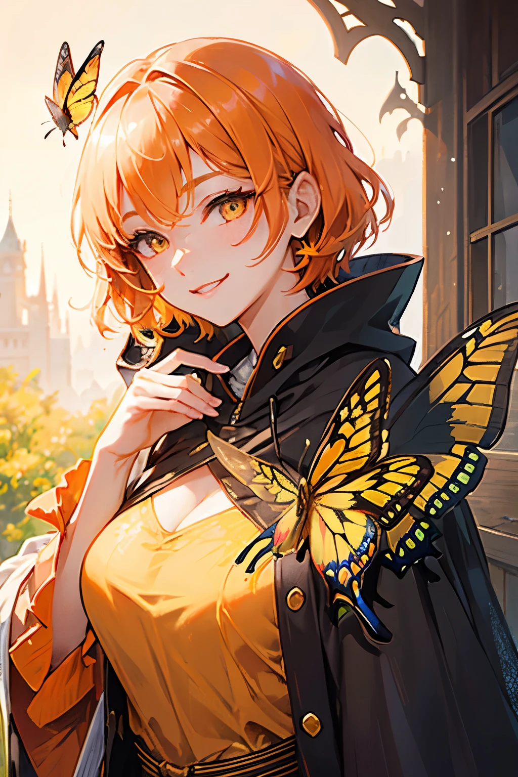 A beautiful adult woman wearing a cloak、Orange short hair and yellow eyes、Strong smile、Face close-up、A swallowtail butterfly lands on my shoulder