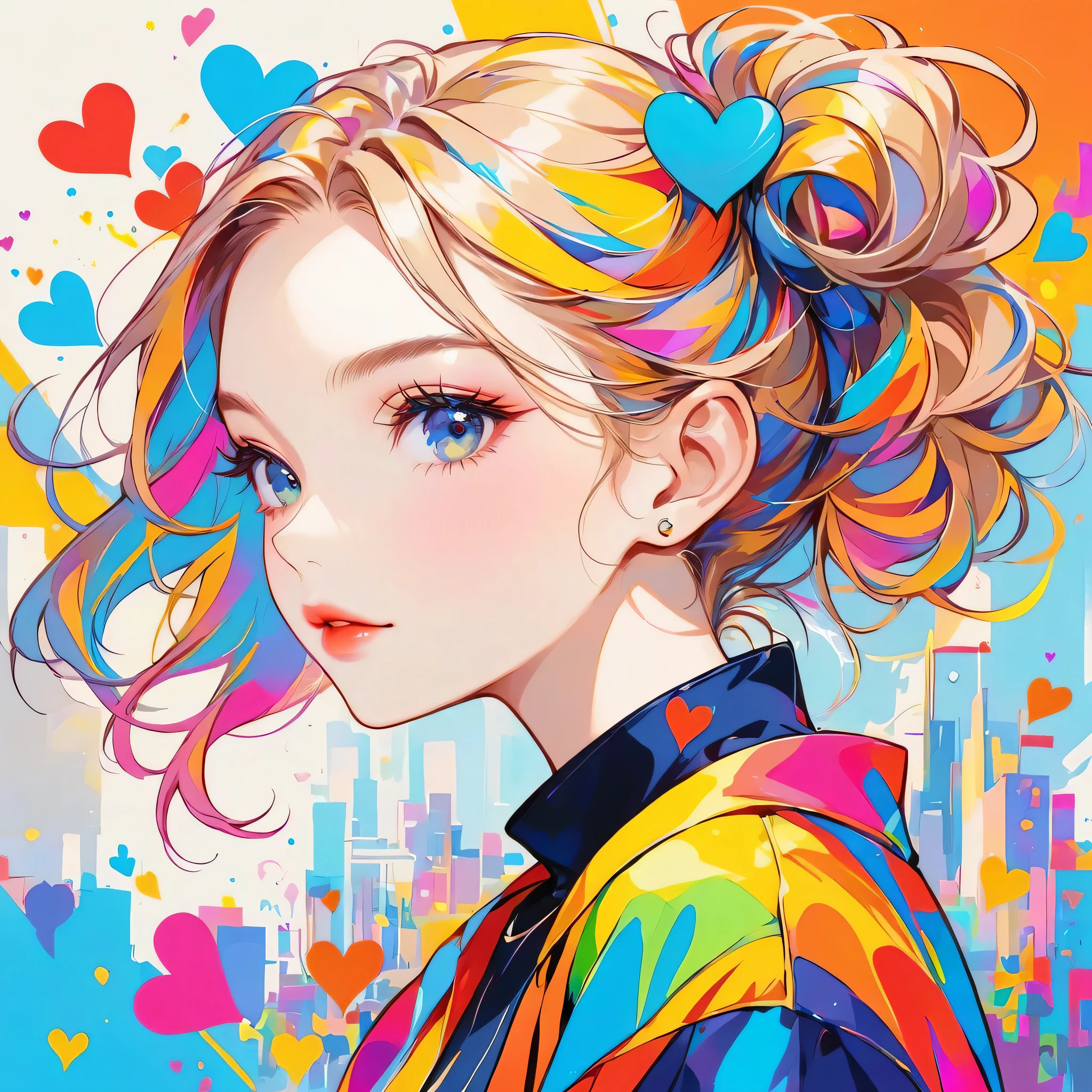 Mika Pikazo colorful style, Simple Line Initialism,Abstract art,Urban Background, (((The most beautiful girl of all time))), Sweet face. Lips in love, colorful hearts, stylish design