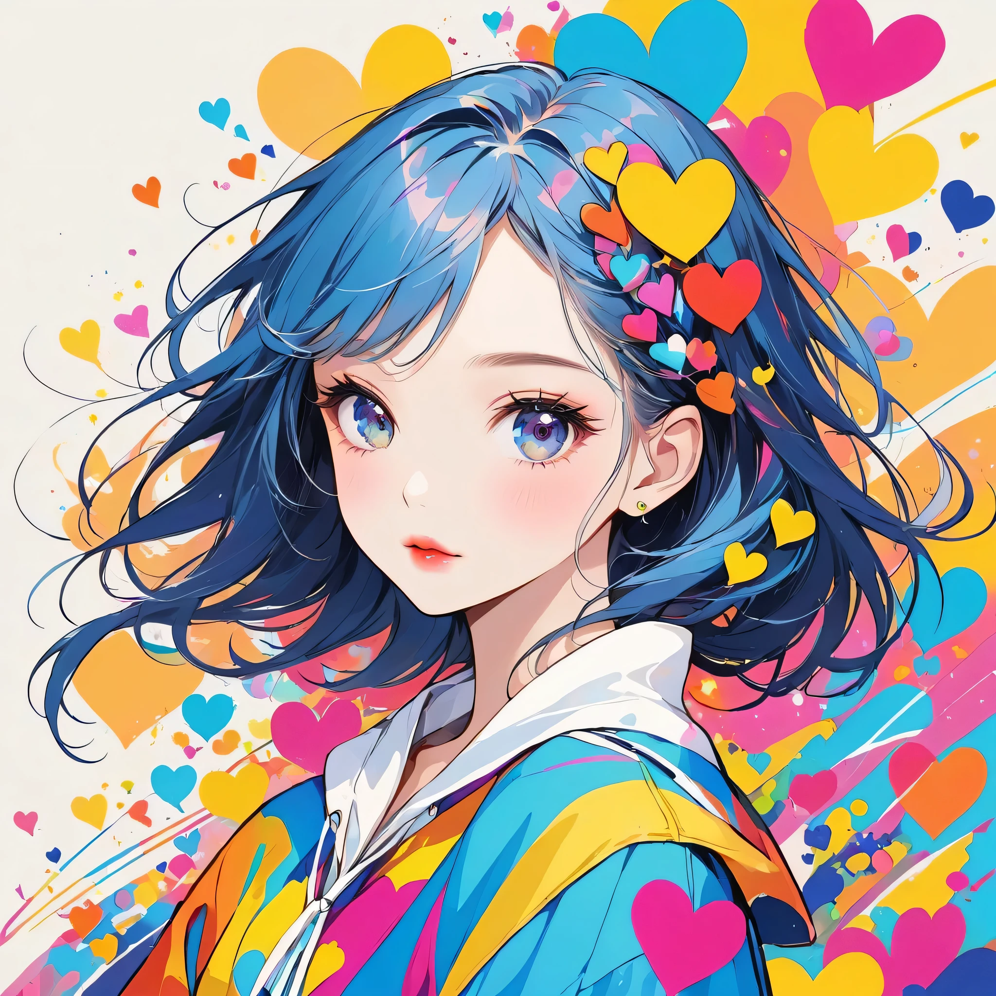 Mika Pikazo colorful style, Simple Line Initialism,Abstract art,Urban Background, (((The most beautiful girl of all time))), Sweet face. Lips in love, colorful hearts, stylish design