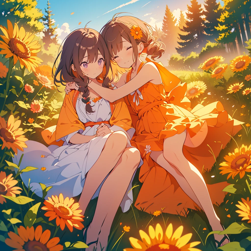kawaii, anime, Cute, hyper quality, highly detailed, 8k, Clarity, Draw facial expressions in detail, Girl with long dark brown hair and green eyes, Woman with long light pink hair and purple eyes looking back, A small, short, dark orange calendula spreads out at my feet., A hill with small, short, dark orange calendula growing in clusters at its feet., Inciting point of view, Deep orange calendula petals are dancing, back to back, look down with a sad expression, There are two people, whole body, Draw two girls as characters, small calendula at my feet, small Calendula officinalis at my feet, dress, farewell, Loneliness, sadness of parting, Sad, broken heart, A flower garden spreads out at your feet, Light pink long straight hair,