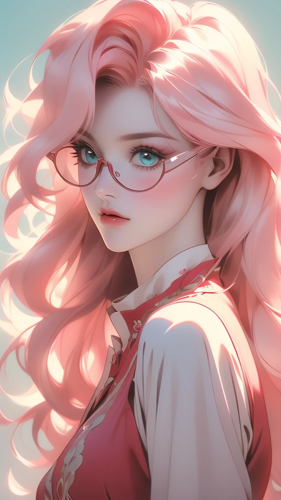 a woman with long hair wearing a red top and some makeup, 1girl, solo, eyes, looking at viewer, hair, lips,wear glasses,(risheirmgardweitzner,pink_hair,aqua_eyes,:1.2),