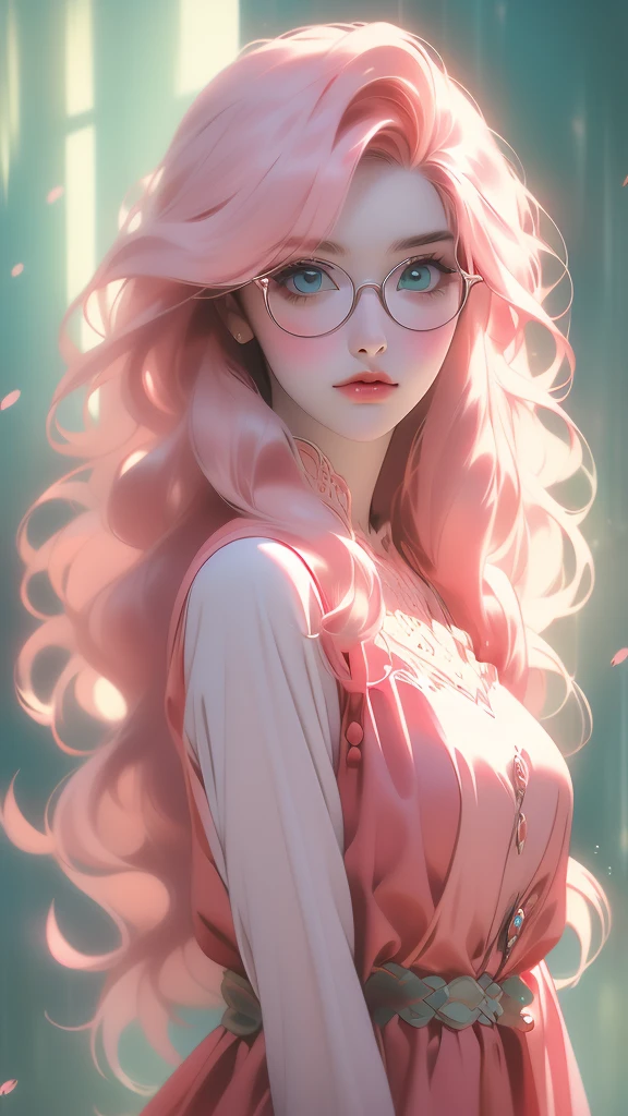 a woman with long hair wearing a red top and some makeup, 1girl, solo, eyes, looking at viewer, hair, lips,wear glasses,(risheirmgardweitzner,pink_hair,aqua_eyes,:1.2),