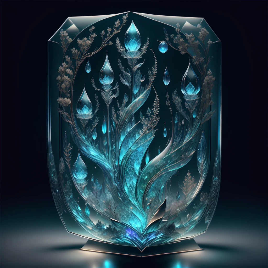 A masterpiece of glass sculpture,There are plants inside, water,A Song of Ice and Fire,luminescent, fantasy, high quality, high detail, best quality,