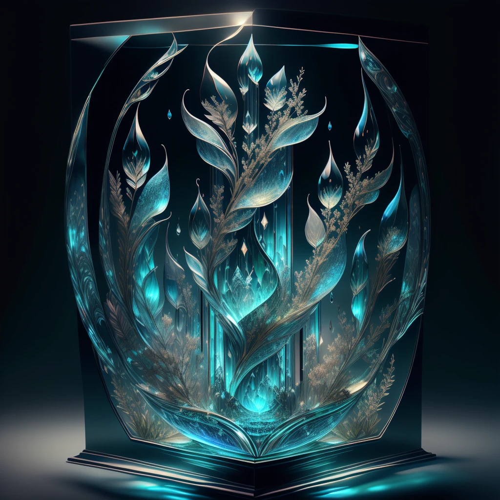 A masterpiece of glass sculpture,There are plants inside, water,A Song of Ice and Fire,luminescent, fantasy, high quality, high detail, best quality,