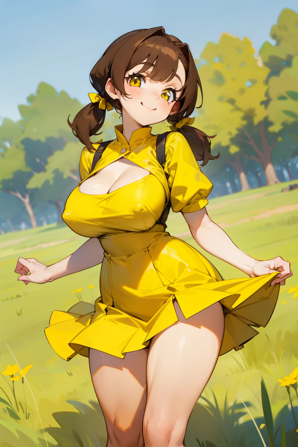 Cute girl, brown hair, pigtails, yellow eyes, wide smile, yellow dress, big breasts, short skirt, slightly tight yellow dress, exposed breasts, earth and green grass in the background