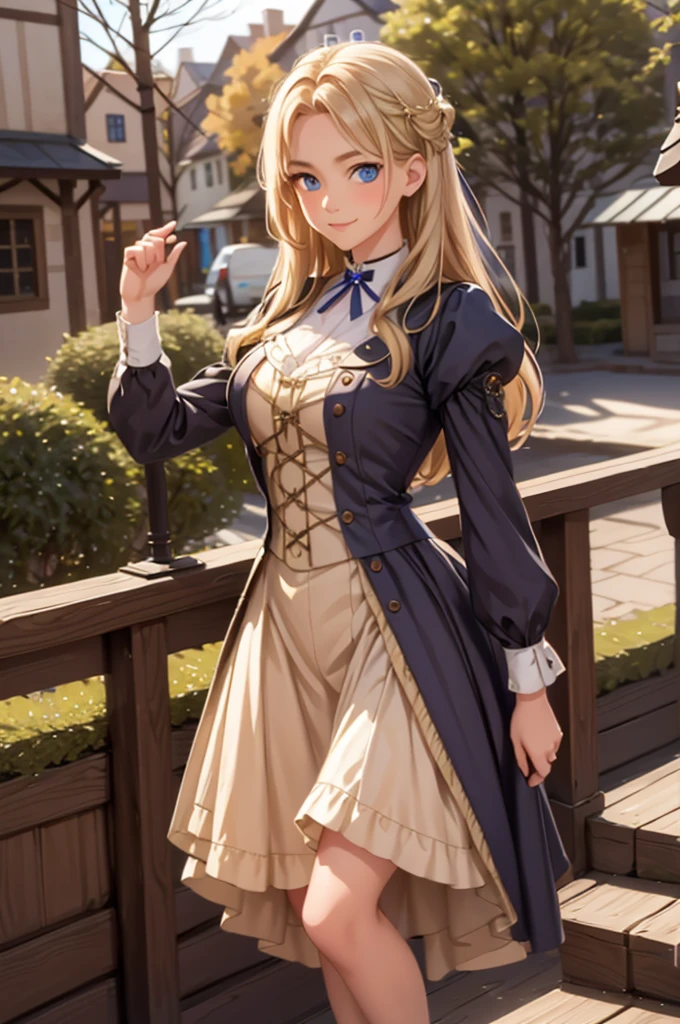 Village realistic、Virginia Otis, 15 years old, blonde, blue eyes、Victorian era city, Europe. Noble daughter、Looking up from below、 Wear a light dress with long sleeves、Dynamic sexy poses、Face Smile、Cute Face, Depict the whole body、