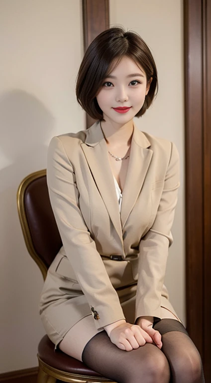 Tabletop, Highest quality, figure, Very detailed, In detail, High resolution, 8k wallpaper, Perfect dynamic composition, Beautiful attention to detail, business suit,short hair,Natural color lip, Sit on a chair and cross your legs,smile、25-year-old woman,Red eyeshadow,Wearing beige stockings,