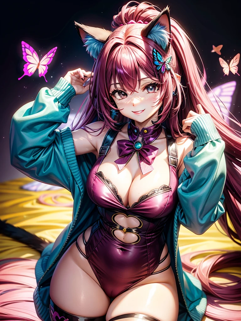 Magenta hair, brown eyes, older woman, long thick hair, pretty hair ornaments, smile face, happy, cat ears, sexy uniform outfit, color background, butterflies, teal and yellow