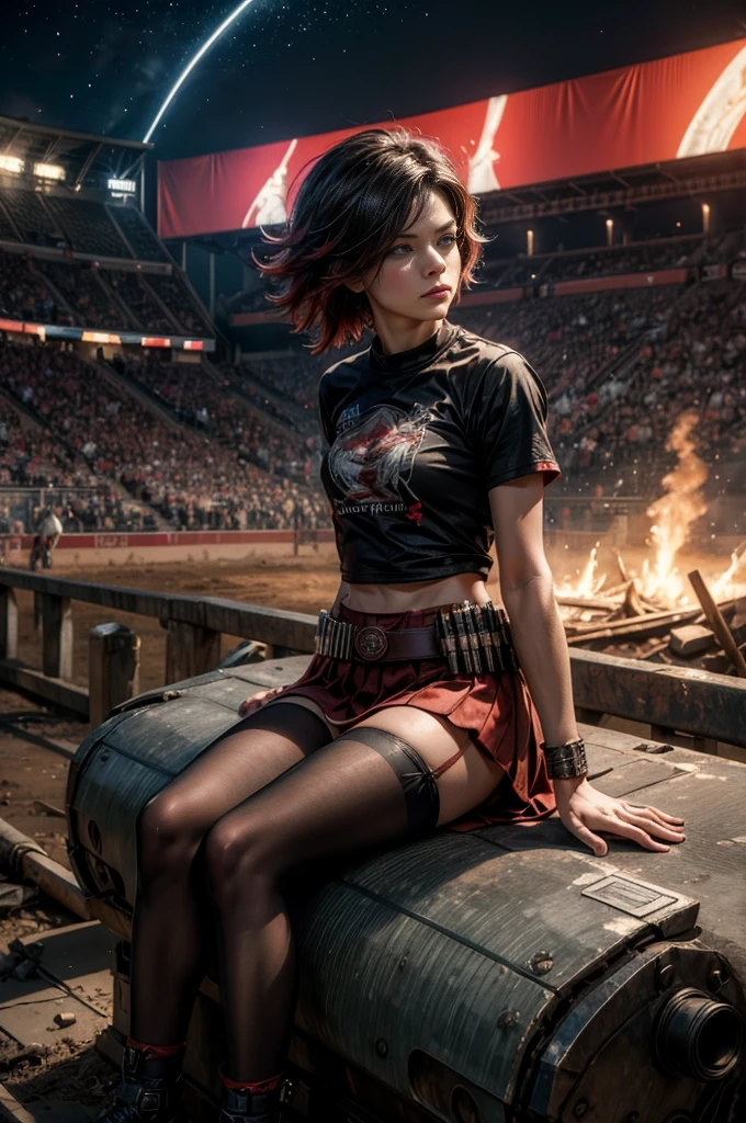 (masterpiece, best quality:1.2), cowboy shot, solo, dynamic pose, 1girl, ruby rose, looking at viewer,  t-shirt, red skirt, pantyhose, sitting, outside deserted stadium, bonfires, river, crowd, (crowd in military uniforms), night, stars, closed mouth, serious look, serious expression, post-apocalypse, dystopian future