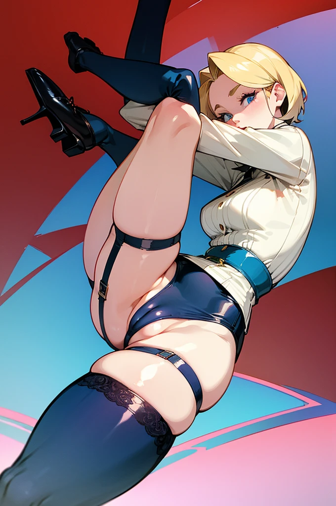 Blonde, pale skin, blue eyes, short hair ,pin up, 1940s style, stockings, garter belt, big ass, thick legs, pussy