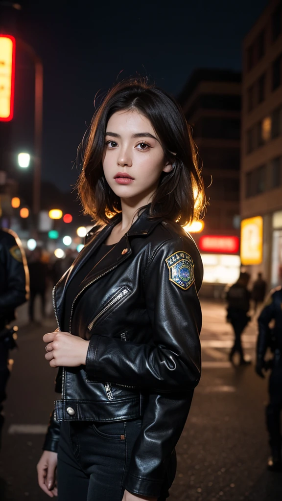 Portrait of a beautiful female model natlp, Georgia Fowler, Beautiful Face, Short dark brown hair, Cyberpunk city at night. She is wearing a leather jacket, Black jeans, Dramatic lighting, (Police Badge:1.2)