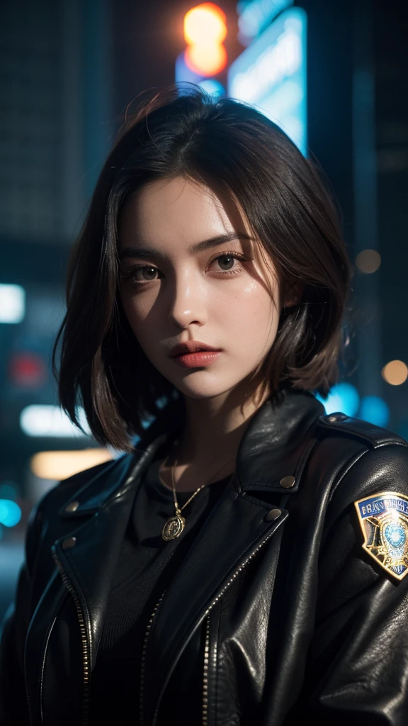 Portrait of a beautiful female model natlp, Georgia Fowler, Beautiful Face, Short dark brown hair, Cyberpunk city at night. She is wearing a leather jacket, Black jeans, Dramatic lighting, (Police Badge:1.2)