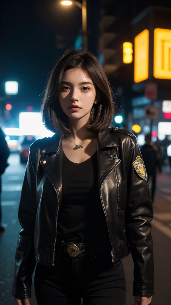 Portrait of a beautiful female model natlp, Georgia Fowler, Beautiful Face, Short dark brown hair, Cyberpunk city at night. She is wearing a leather jacket, Black jeans, Dramatic lighting, (Police Badge:1.2)