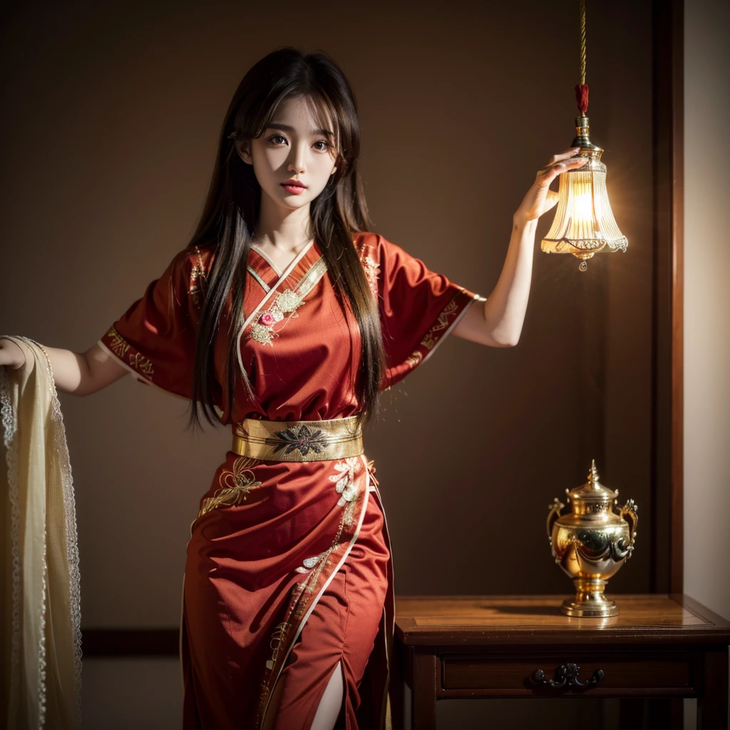 ((Highest quality)), ((masterpiece)), (detailed), (Perfect Face)、The woman is Ogiso Setsuna, with light brown, medium-long hair and a gorgeous, sexy red long-slit Chinese dress with gold embroidery and trim.