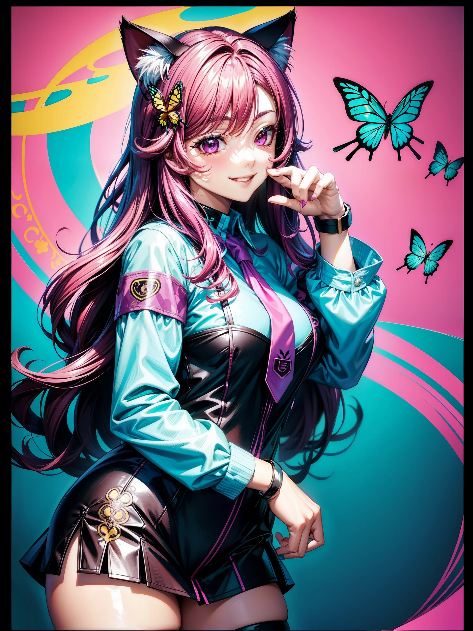 Magenta hair, brown eyes, older woman, long thick hair, pretty hair ornaments, smile face, happy, cat ears, sexy uniform outfit, color background, butterflies, teal and yellow