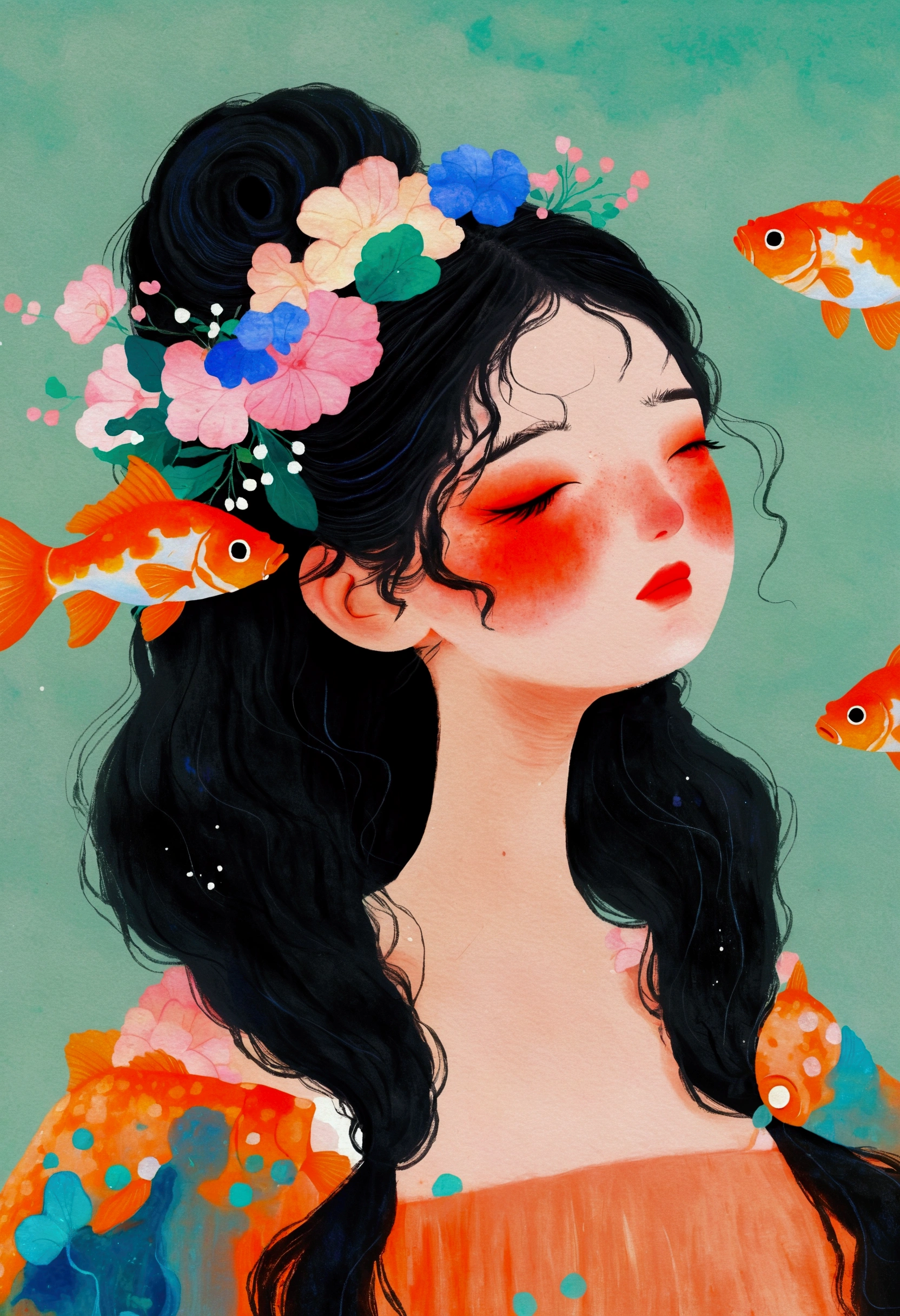Painting of a woman with goldfish in her hair、Jin Nong's Surrealism、Black Hair、Japanese、Pop Surrealism、Color illustrations、Beautiful artistic illustrations、Colorful illustration、Pop Surrealismアートスタイル、Digital illustration style、Fantasy Illustration、Illustration art、Magical Surrealism、デジタルFantasy Illustration、Pop Surrealismローブローアートスタイル