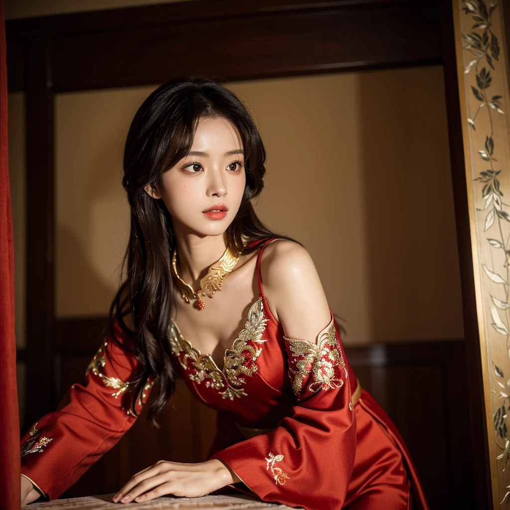 ((Highest quality)), ((masterpiece)), (detailed), (Perfect Face)、The woman is Ogiso Setsuna, with light brown, medium-long hair and a gorgeous, sexy red long-slit Chinese dress with gold embroidery and trim.