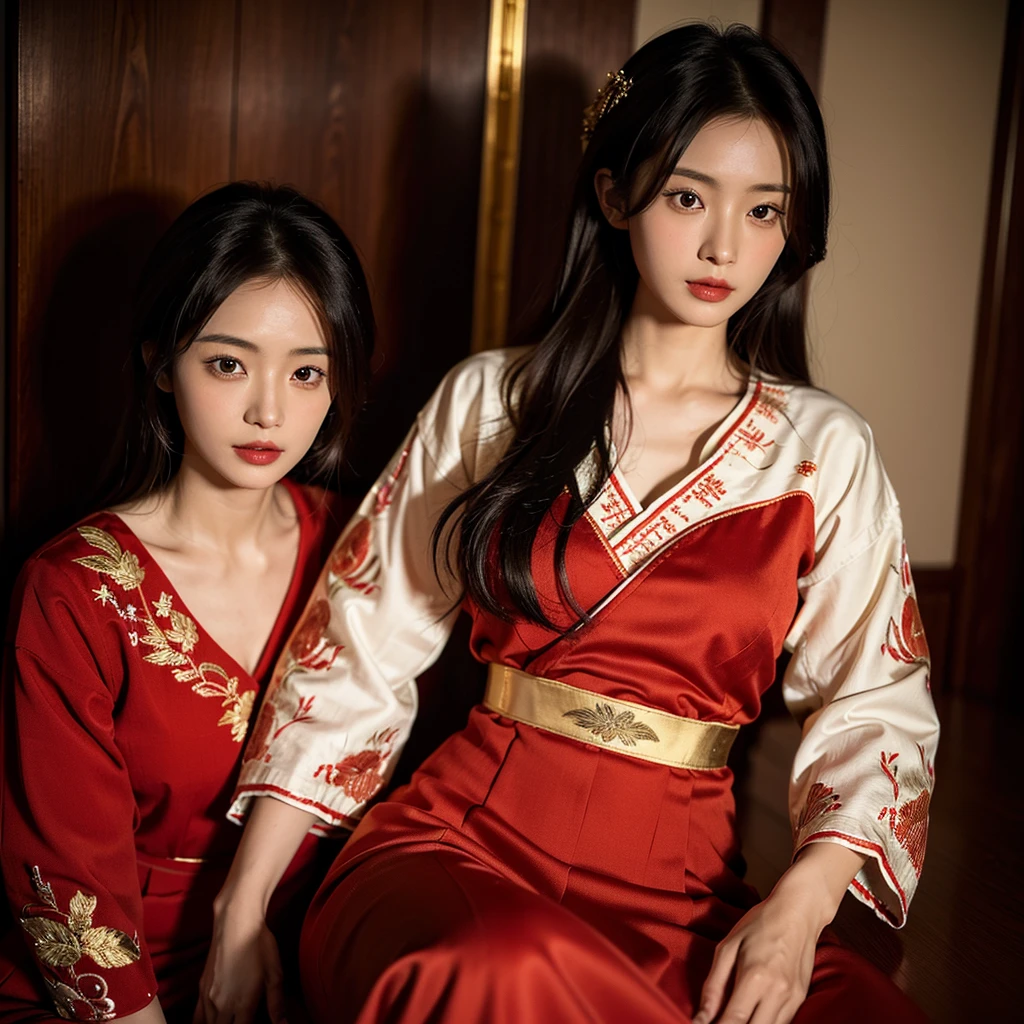 ((Highest quality)), ((masterpiece)), (detailed), (Perfect Face)、The woman is Ogiso Setsuna, with light brown, medium-long hair and a gorgeous, sexy red long-slit Chinese dress with gold embroidery and trim.