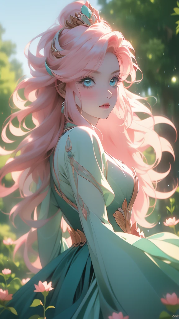 a young woman with long  hair posing outside with flowers on her head, 1girl, solo, long hair, flower,(risheirmgardweitzner,pink_hair,aqua_eyes,:1.2), 