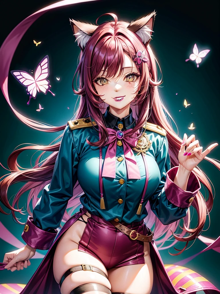 Magenta hair, brown eyes, older woman, long thick hair, pretty hair ornaments, smile face, happy, cat ears, y uniform outfit, color background, butlies, teal and yellow 