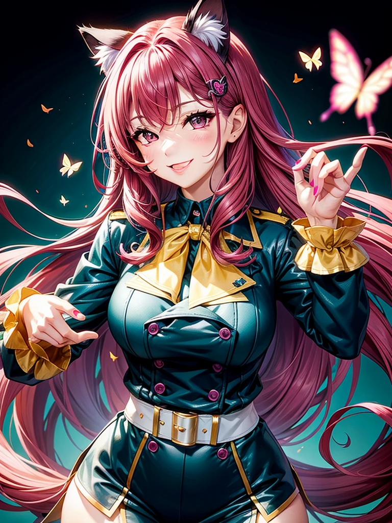 Magenta hair, brown eyes, older woman, long thick hair, pretty hair ornaments, smile face, happy, cat ears, sexy uniform outfit, color background, butterflies, teal and yellow