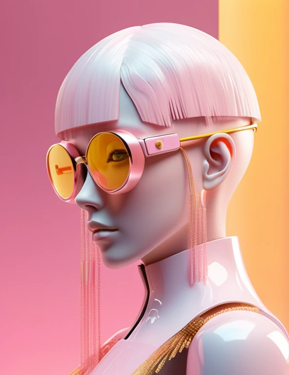 3D illustration of the upper body and face of an artificial intelligence model wearing futuristic glasses, Stylish glasses with tassels，Gradient Background, Pastel Color Palette, pink yellow, Simplicity, Cold metal texture, Surrealism,