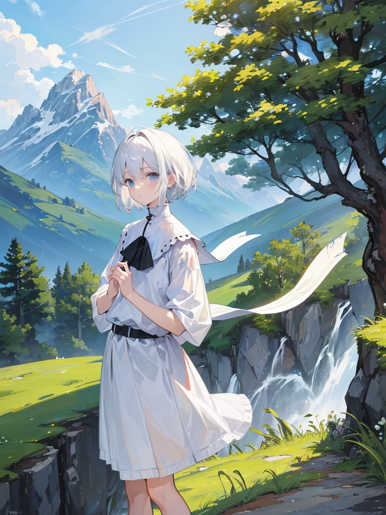 (masterpiece, top-quality, Extremely high quality, high-level image quality, Extremely sensitive writing) 1boy, short white hair, detailed eyes, mountain background, trees, simple clothes