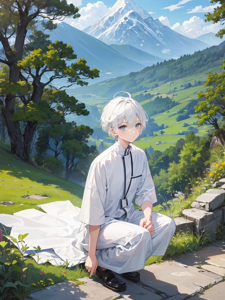 (masterpiece, top-quality, Extremely high quality, high-level image quality, Extremely sensitive writing) 1boy, short white hair, detailed eyes, mountain background, trees, simple clothes